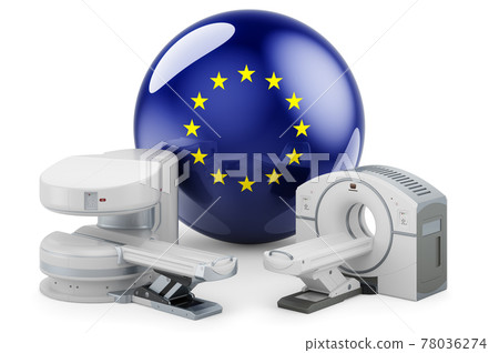 MRI and CT Diagnostic, Research Centres in the European Union. MRI machine and CT scanner with The EU flag, 3D rendering MRI and CT Diagnostic, Research Centres in the European Union. MRI machine and CT scanner with The EU flag, 3D rendering 78036274
