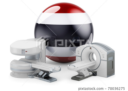 MRI and CT Diagnostic, Research Centres in Thailand. MRI machine and CT scanner with Thai flag, 3D rendering MRI and CT Diagnostic, Research Centres in Thailand. MRI machine and CT scanner with Thai flag, 3D rendering 78036275