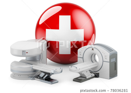 MRI and CT Diagnostic, Research Centres in Switzerland. MRI machine and CT scanner with Swiss flag, 3D rendering MRI and CT Diagnostic, Research Centres in Switzerland. MRI machine and CT scanner with Swiss flag, 3D rendering 78036281