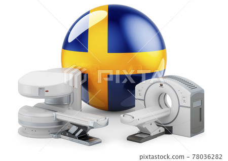 MRI and CT Diagnostic, Research Centres in Sweden. MRI machine and CT scanner with Swedish flag, 3D rendering 78036282