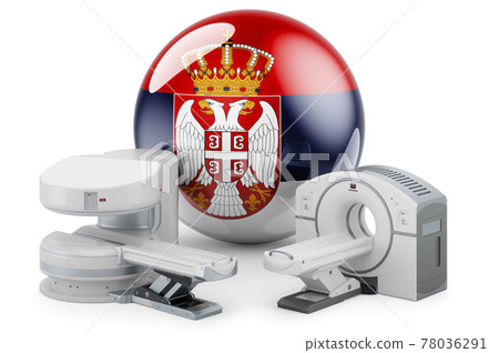 MRI and CT Diagnostic, Research Centres in Serbia. MRI machine and CT scanner with Serbian flag, 3D rendering 78036291
