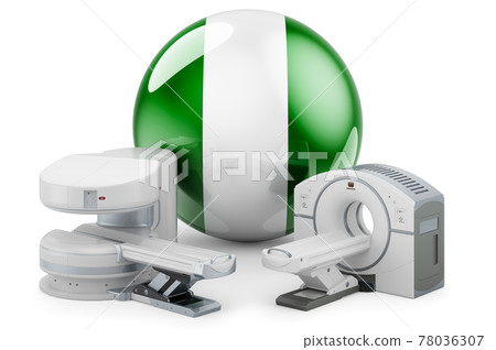 MRI and CT Diagnostic, Research Centres in Nigeria. MRI machine and CT scanner with Nigerian flag, 3D rendering MRI and CT Diagnostic, Research Centres in Nigeria. MRI machine and CT scanner with Nigerian flag, 3D rendering 78036307