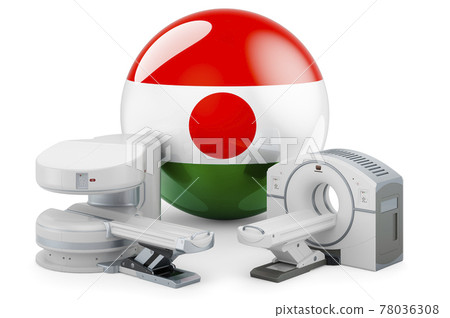 MRI and CT Diagnostic, Research Centres in Niger. MRI machine and CT scanner with Niger flag, 3D rendering 78036308