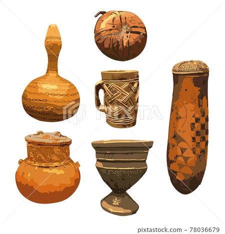 Traditional African culture attributes. Collection of vintage vases. 78036679