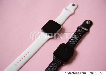 White smart watch top view isolated on pink background	 78037153
