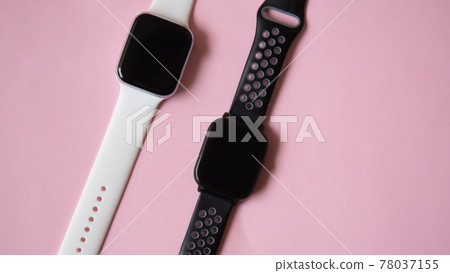 White smart watch top view isolated on pink background	 78037155