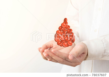 Blood donation. Human hands holding blood drop shape of red blood cells over white background. World blood donor day and save life concept. 78037607