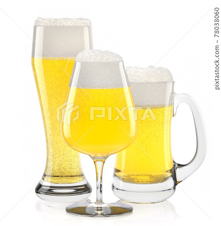 Set of fresh light beer glasses with bubble froth isolated on white background. Set of fresh light beer glasses with bubble froth isolated on white background. 78038060