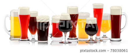 Set of fresh different beer glasses with bubble froth on white background. Set of fresh different beer glasses with bubble froth on white background. 78038061