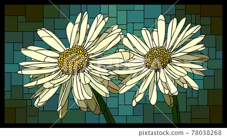 Vector horizontal stained glass window with blooming daisies. 78038268