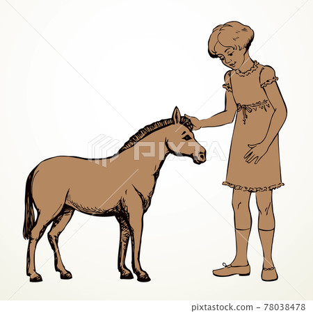 Pretty small girl with pony. Vector drawing kid Pretty small girl with pony. Vector drawing kid 78038478