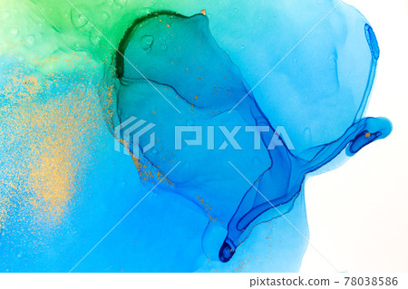 Watercolor green, blue and gold abstract stains background isolated on white background. 78038586