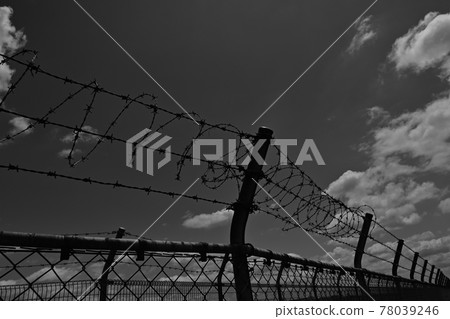 Wire fence and iron fence (black and white image) 78039246