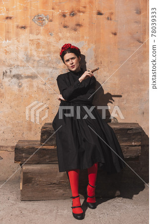 Young woman in art action remaking greatest paintings on background. Retro style, comparison of eras concept. Young woman in art action remaking greatest paintings on background. Retro style, comparison of eras concept. 78039333