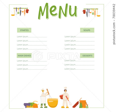 Menu, cooks are cooking dough on kitchen in restaurant. Funny chef women. Handwritten lettering and vector stock illustration isolated on white background. 78039442