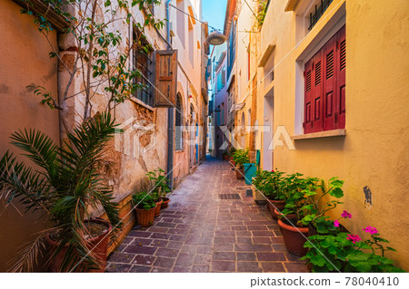 Scenic picturesque streets of Chania venetian town. Chania, Creete, Greece 78040410