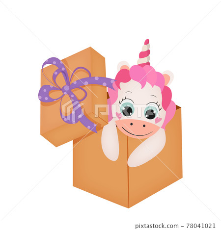 Cute cartoon baby unicorn in gift box. Vector illustration. Cute cartoon baby unicorn in gift box. Vector illustration. 78041021