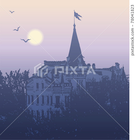 Vector image. Landscape view of the mysterious castle in the morning twilight 78041823