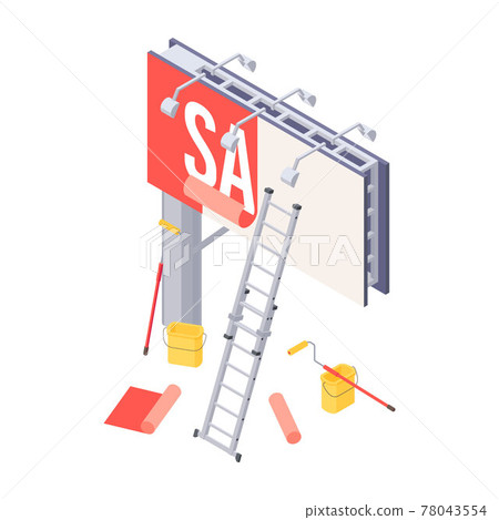 Billboard installation isometric vector illustration - process of sticking advertising on big city ooh banner. 78043554