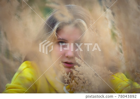 A young girl with long hair walks across a field with tall grass. Blonde hair. A young girl with long hair walks across a field with tall grass. Blonde hair. 78043892