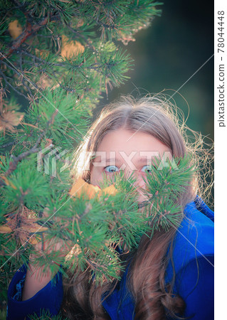 A young girl walks in the autumn park, stands behind a tree. A young girl walks in the autumn park, stands behind a tree. 78044448