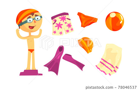 Boy and Swimming Equipment with Flippers, Trunks and Towel Vector Set 78046537