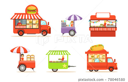 Street Cart and Booth with Man and Woman at Market Stall Selling Snacks and Drinks Vector Set Street Cart and Booth with Man and Woman at Market Stall Selling Snacks and Drinks Vector Set 78046580