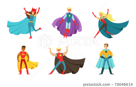Male and Female Superhero Characters in Mask and Fluttering Cloak Rushing to the Rescue Vector Set 78046614