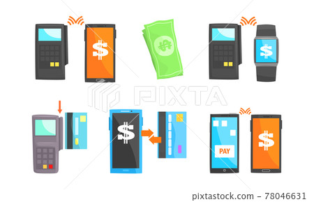 Mobile and Credit Card Payment or Money Transfer via Mobile Device Vector Set 78046631