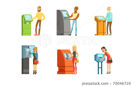 People Characters Using Electronic Self Service Terminal Performing Payment and Receive Money Vector Illustration Set People Characters Using Electronic Self Service Terminal Performing Payment and Receive Money Vector Illustration Set 78046720