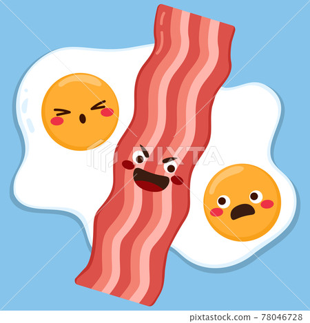 Cute couple of eggs with sad expression and bacon slice in the middle separating them 78046728