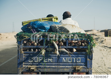 SAHARA DESERT, MAURITANIA - JANUARY 18, 2020: Three wheeler used for transportation carries fish in Mauritania SAHARA DESERT, MAURITANIA - JANUARY 18, 2020: Three wheeler used for transportation carries fish in Mauritania 78046967