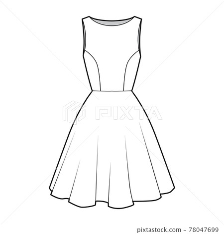 Dress circular technical fashion illustration with sleeveless, oversized fitted body, knee length skirt. Flat apparel Dress circular technical fashion illustration with sleeveless, oversized fitted body, knee length skirt. Flat apparel 78047699