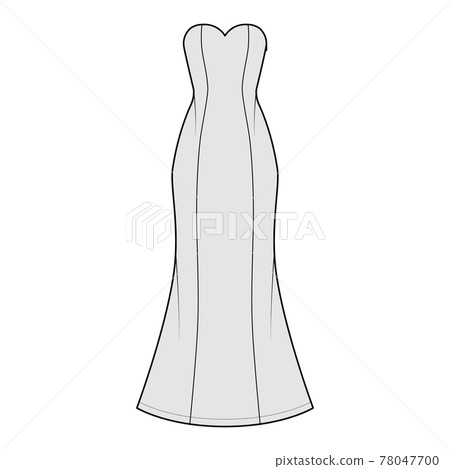 Dress trumpet technical fashion illustration with strapless sweetheart neckline, fitted body, maxi length circular skirt Dress trumpet technical fashion illustration with strapless sweetheart neckline, fitted body, maxi length circular skirt 78047700
