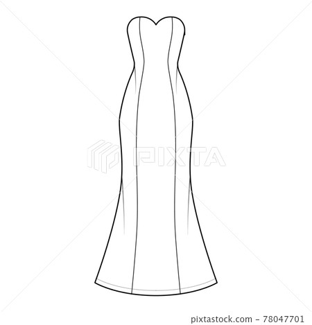 Dress trumpet technical fashion illustration with strapless sweetheart neckline, fitted body, maxi length circular skirt Dress trumpet technical fashion illustration with strapless sweetheart neckline, fitted body, maxi length circular skirt 78047701