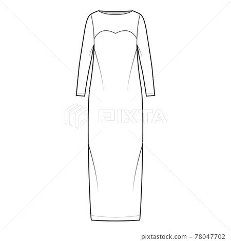 Dress column technical fashion illustration with long sleeves, fitted body, floor maxi length pencil skirt. Flat evening Dress column technical fashion illustration with long sleeves, fitted body, floor maxi length pencil skirt. Flat evening 78047702