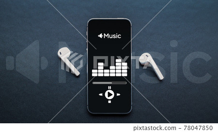 Music background. Mobile smartphone screen with music application, sound headphones. Audio voice with radio beats on black. Recording studio or podcasting banner with copy space. 78047850