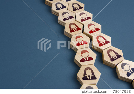 Chain of people split in opposite directions. Concept of conflict in society. Division of business company. Splitting opinions on an issue. Rivalry, competition. Disunity in community collective Chain of people split in opposite directions. Concept of conflict in society. Division of business company. Splitting opinions on an issue. Rivalry, competition. Disunity in community collective 78047938