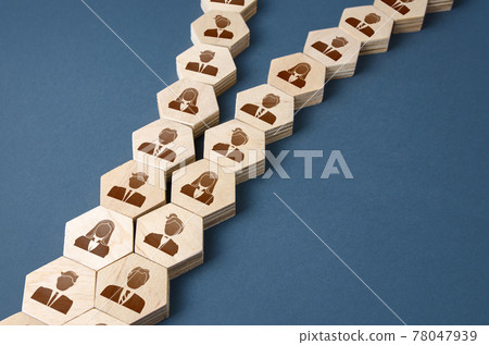 Chains of people are connected into one whole. The concept of reunification, merge of companys departments. Cooperation and collaboration. Division of employees into two groups. Staff restructuring. Chains of people are connected into one whole. The concept of reunification, merge of companys departments. Cooperation and collaboration. Division of employees into two groups. Staff restructuring. 78047939