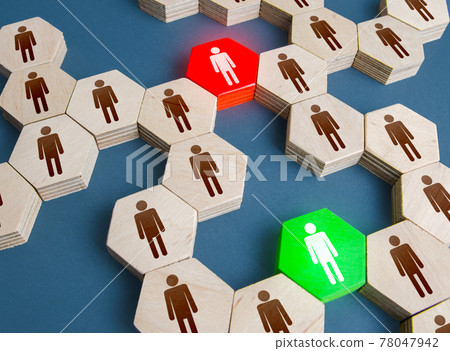 Red and green men are connecting links in a people system network. Ensuring communication between groups of people. Mediation, networking. Duplicate employee. Competition. Alternative connections. 78047942