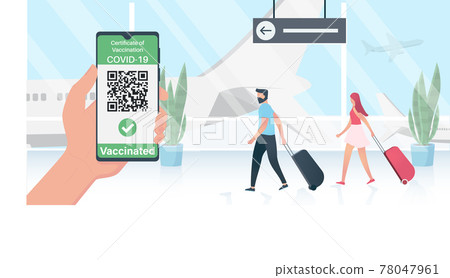 Hand keeping phone. Health passport application. Digital certificate of vaccination 78047961