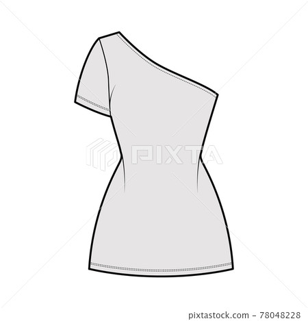 Dress one shoulder technical fashion illustration with short sleeve, fitted body, mini length pencil skirt. Flat apparel Dress one shoulder technical fashion illustration with short sleeve, fitted body, mini length pencil skirt. Flat apparel 78048228