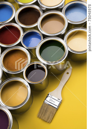 Open paint cans with a brush, Rainbow colors Open paint cans with a brush, Rainbow colors 78048978