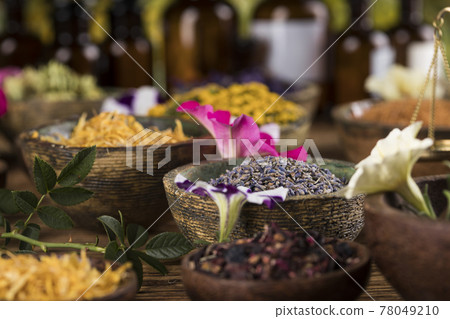 Natural remedy, healing herbs background 78049210