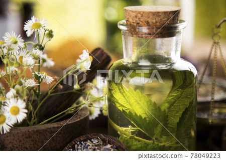 Fresh herbs and oil, wooden table background 78049223