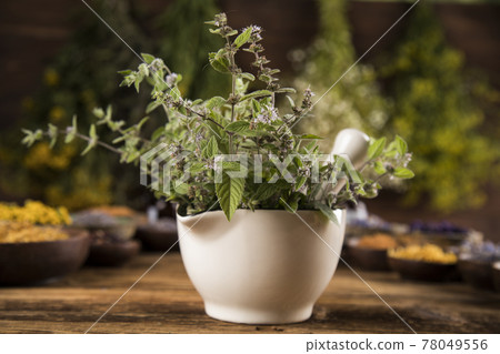 Natural remedy, mortar and herbs Natural remedy, mortar and herbs 78049556