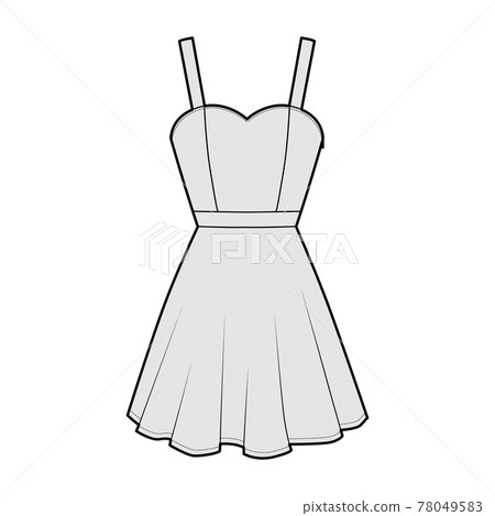 Dress strap technical fashion illustration fitted body, above-the-knee mini length circular skirt, natural waistline Dress strap technical fashion illustration fitted body, above-the-knee mini length circular skirt, natural waistline 78049583