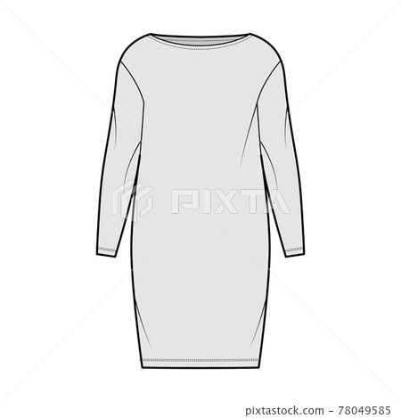 Dress sack slouchy technical fashion illustration with long sleeves, oversized body, knee length pencil skirt. Flat Dress sack slouchy technical fashion illustration with long sleeves, oversized body, knee length pencil skirt. Flat 78049585