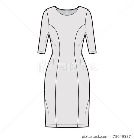 Dress princess line technical fashion illustration with elbow sleeves, fitted body, knee length pencil skirt apparel Dress princess line technical fashion illustration with elbow sleeves, fitted body, knee length pencil skirt apparel 78049587