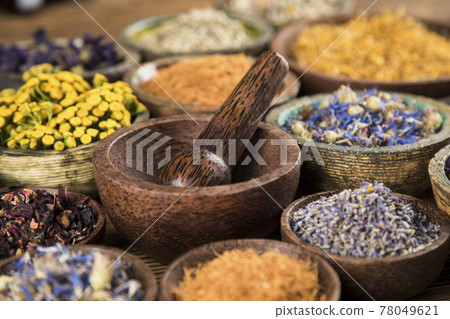 Natural medicine, wooden table background 78049621